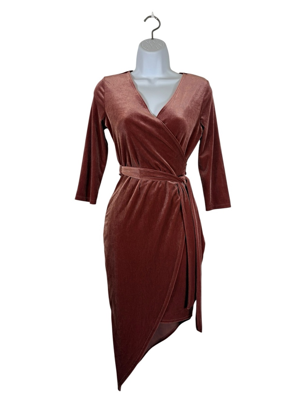 Fashion Nova Pink Velvet Wrap Dress Asymmetrical Hem Long Sleeve Size Small